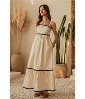 Skies Are Blue Woven Poplin Square Neck Ric Rac Trim Sleeveless Tiered Maxi Dress