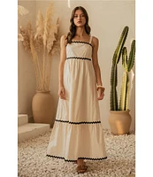 Skies Are Blue Woven Poplin Square Neck Ric Rac Trim Sleeveless Tiered Maxi Dress