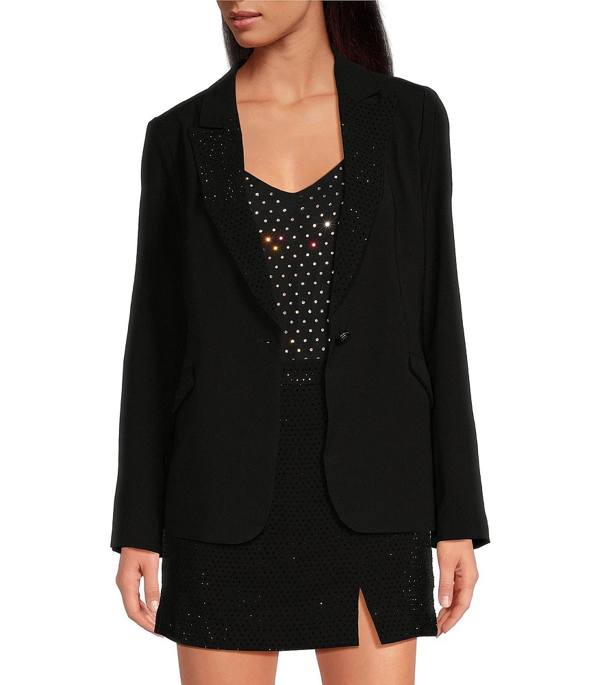 Skies Are Blue Woven Rhinestone Notch Collar Neck Long Sleeve Button Front Blazer