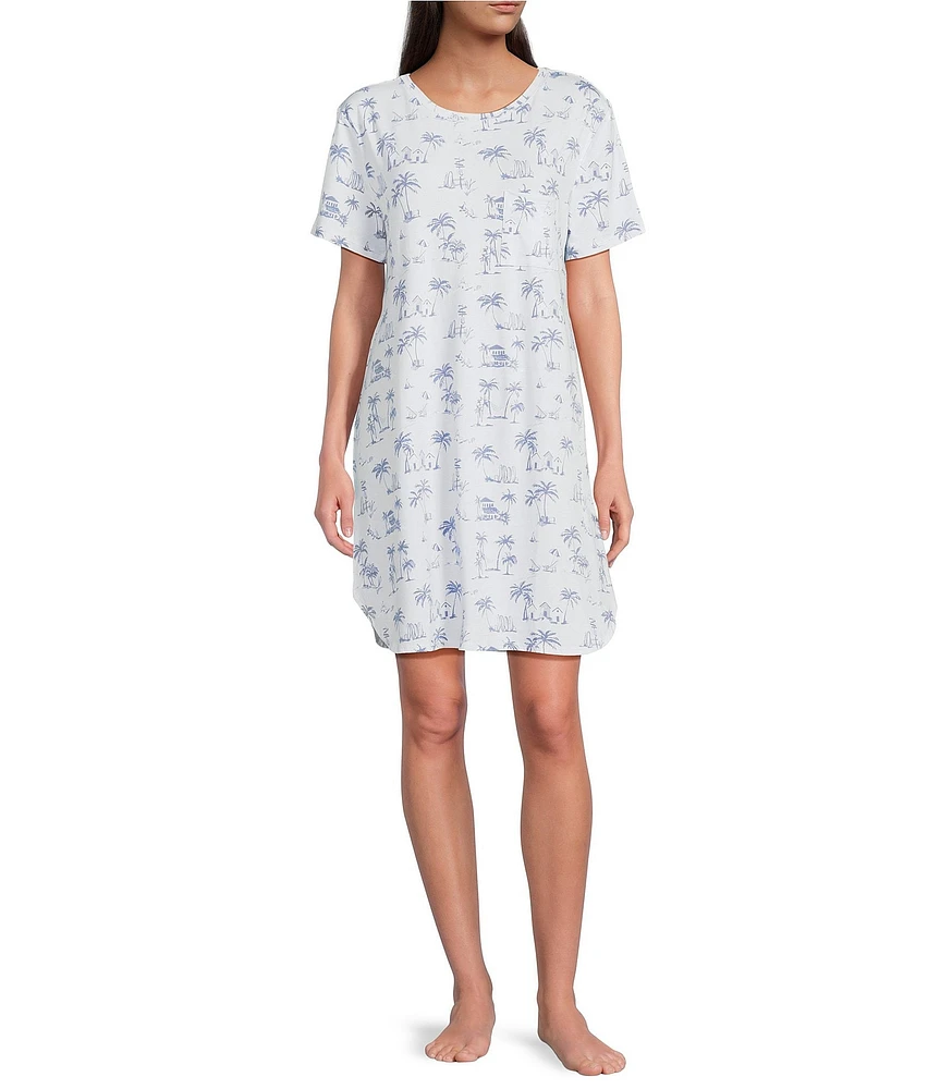 Sleep Sense Beach Toile Short Sleeve Crew Neck Chest Pocket Knit Nightgown