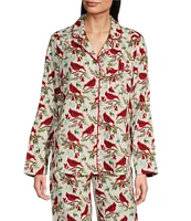 Sleep Sense Cardinal Print Flannel Long Sleeve Notch Collar Coordinating Button-Front Holiday Sleep Top