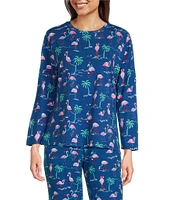 Sleep Sense Flamingo Print Knit Long Sleeve Crew Neck Coordinating Holiday Sleep Top