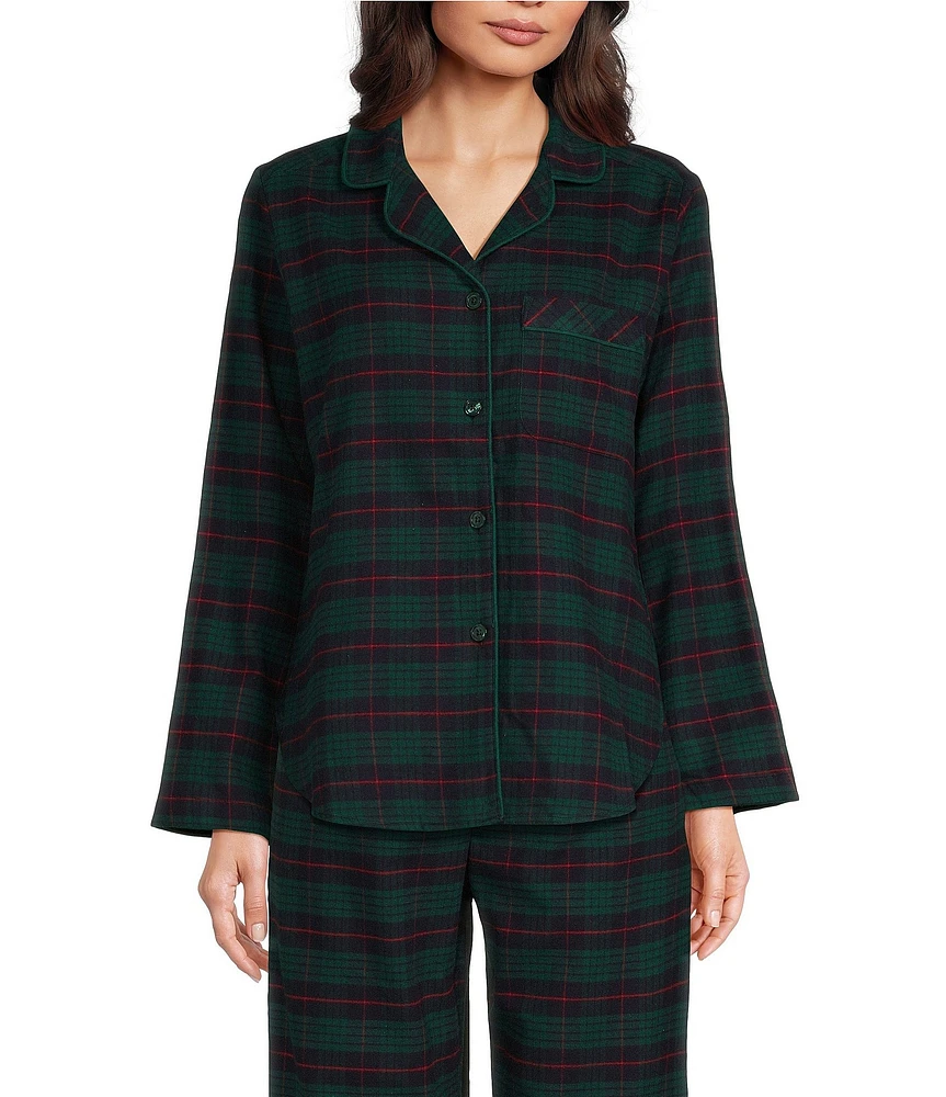 Sleep Sense Flannel Plaid Long Sleeve Notch Collar Coordinating Button Front Holiday Sleep Top