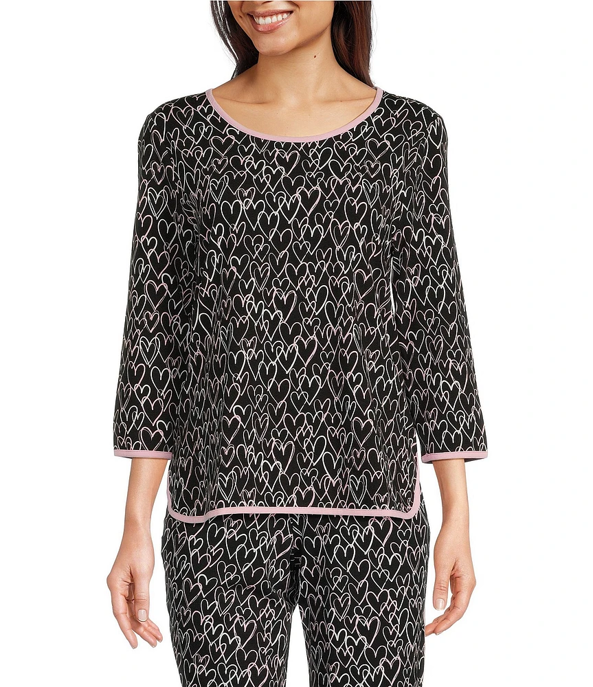 Sleep Sense Heart Print Scoop Neck 3/4 Sleeve Knit Coordinating Sleep Top