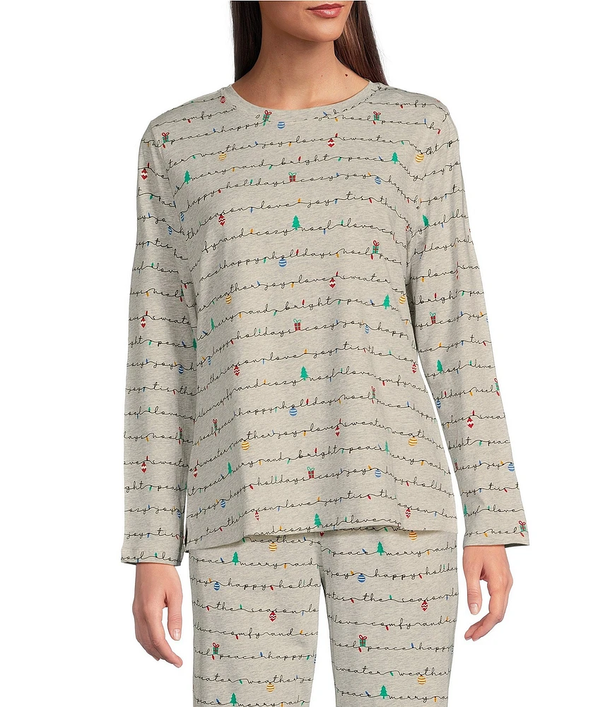 Sleep Sense Holiday Lights Print Knit Long Sleeve Crew Neck Coordinating Sleep Top