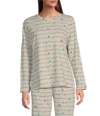 Sleep Sense Holiday Lights Print Knit Long Sleeve Crew Neck Coordinating Sleep Top