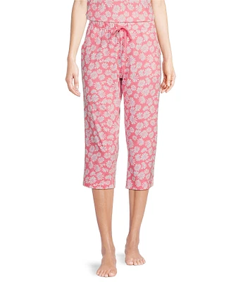 Sleep Sense Knit Daisy Print Drawstring Tie Coordinating Sleep Capri