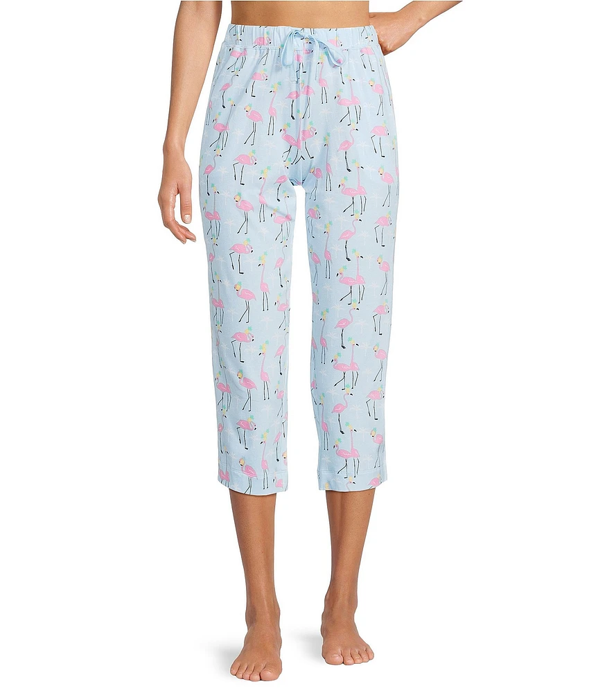 Sleep Sense Knit Flamingo Print Drawstring Tie Coordinating Sleep Capri