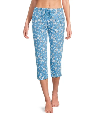 Sleep Sense Knit Seashell Print Drawstring Tie Coordinating Sleep Capri