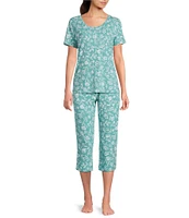 Sleep Sense Knit Sketch Floral Print Drawstring Tie Coordinating Sleep Capri