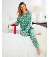 Sleep Sense Long Sleeve Crew Neck Knit Cheetah Print Holiday Pajama Set