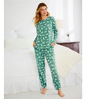 Sleep Sense Long Sleeve Crew Neck Knit Cheetah Print Holiday Pajama Set