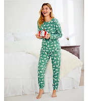 Sleep Sense Long Sleeve Crew Neck Knit Cheetah Print Holiday Pajama Set