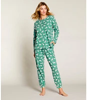 Sleep Sense Long Sleeve Crew Neck Knit Cheetah Print Holiday Pajama Set