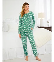 Sleep Sense Long Sleeve Crew Neck Knit Cheetah Print Holiday Pajama Set