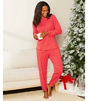 Sleep Sense Long Sleeve Crew Neck Knit Dotted Holiday Pajama Set