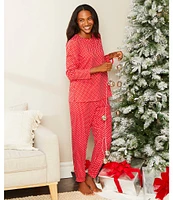 Sleep Sense Long Sleeve Crew Neck Knit Dotted Holiday Pajama Set