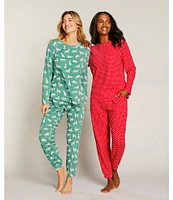 Sleep Sense Long Sleeve Crew Neck Knit Dotted Holiday Pajama Set