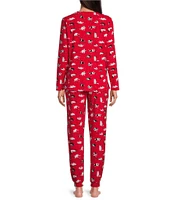 Sleep Sense Petite Size Long Sleeve Crew Neck Knit Festive Cats Print Holiday Pajama Set