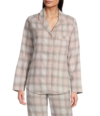 Sleep Sense Plaid Print Flannel Long Sleeve Notch Collar Coordinating Button Front Sleep Top