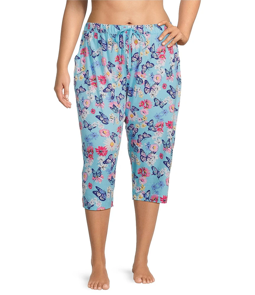 Sleep Sense Plus Size Butterfly Floral Knit Print Drawstring Tie Coordinating Sleep Capri Pants