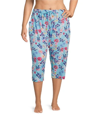 Sleep Sense Plus Size Butterfly Floral Knit Print Drawstring Tie Coordinating Sleep Capri Pants