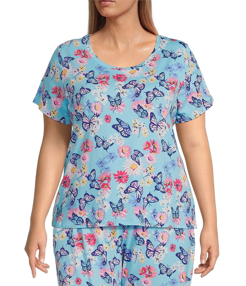Sleep Sense Plus Size Butterfly Floral Print Short Sleeve Scoop Neck Coordinating Sleep Top