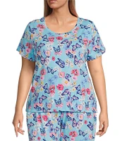 Sleep Sense Plus Size Butterfly Floral Print Short Sleeve Scoop Neck Coordinating Sleep Top