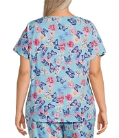 Sleep Sense Plus Size Butterfly Floral Print Short Sleeve Scoop Neck Coordinating Sleep Top
