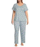 Sleep Sense Plus Size Folk Floral Print Coordinating Knit Capri Sleep Pants