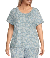 Sleep Sense Plus Size Folk Floral Print Short Sleeve Scoop Neck Knit Coordinating Sleep Top