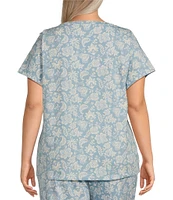 Sleep Sense Plus Size Folk Floral Print Short Sleeve Scoop Neck Knit Coordinating Sleep Top