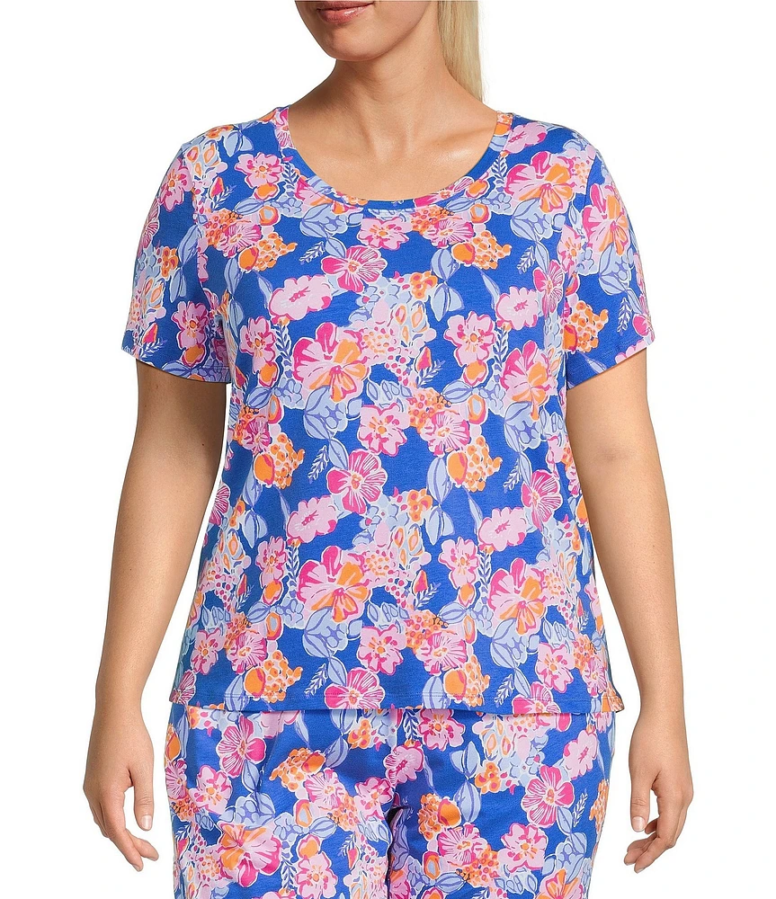 Sleep Sense Plus Size Happy Floral Print Short Sleeve Scoop Neck Coordinating Sleep Top