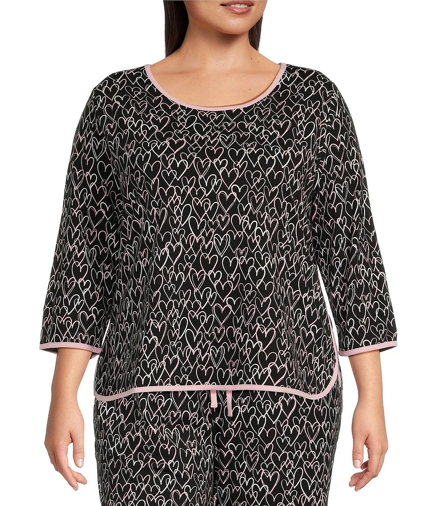 Sleep Sense Plus Size Heart Print Scoop Neck 3/4 Sleeve Knit Coordinating Sleep Top