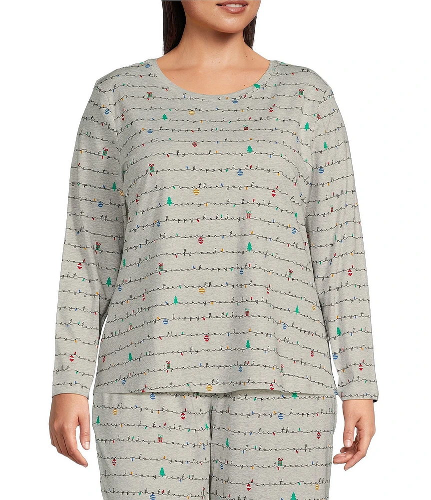 Sleep Sense Plus Size Holiday Lights Print Knit Long Sleeve Crew Neck Coordinating Sleep Top