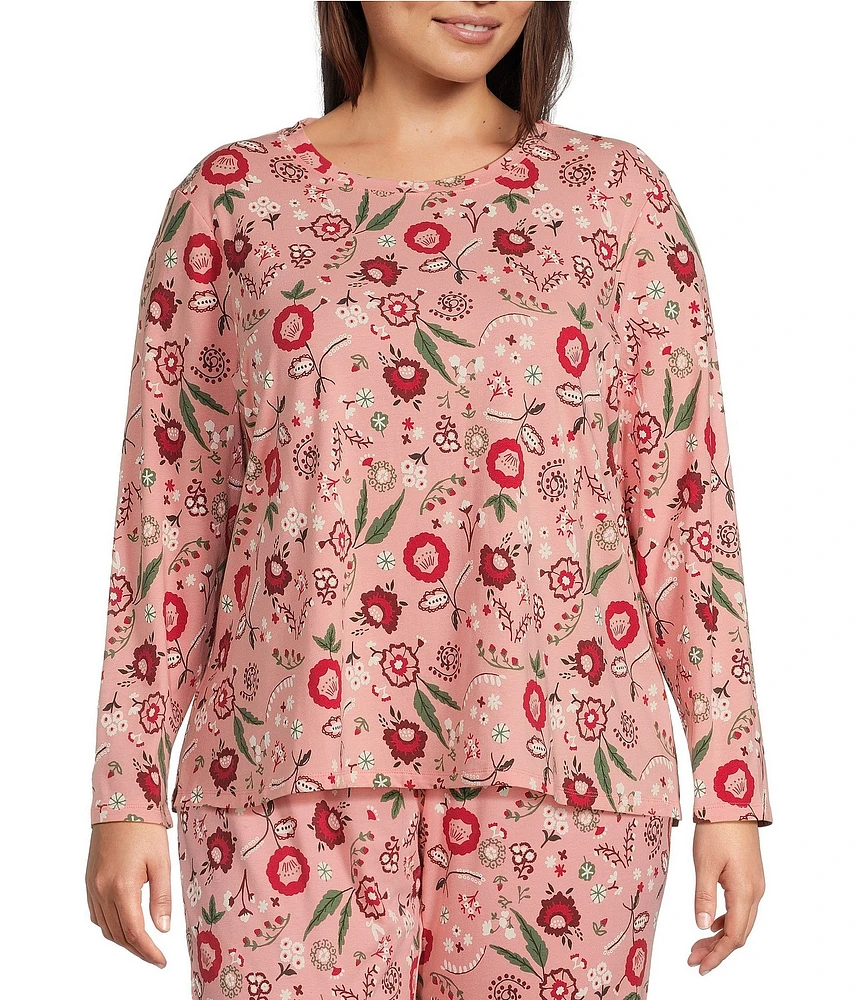 Sleep Sense Plus Size Jersey Knit Floral Long Sleeve Scoop Neck Coordinating Sleep Top