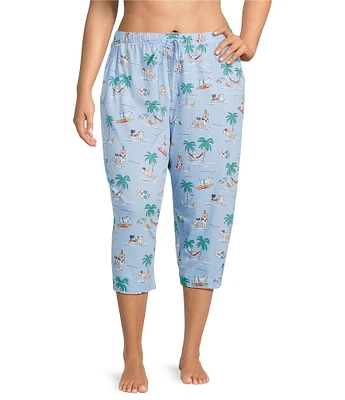 Sleep Sense Plus Size Knit Beach Dogs Print Drawstring Tie Coordinating Sleep Capri