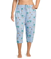 Sleep Sense Plus Size Knit Beach Dogs Print Drawstring Tie Coordinating Sleep Capri