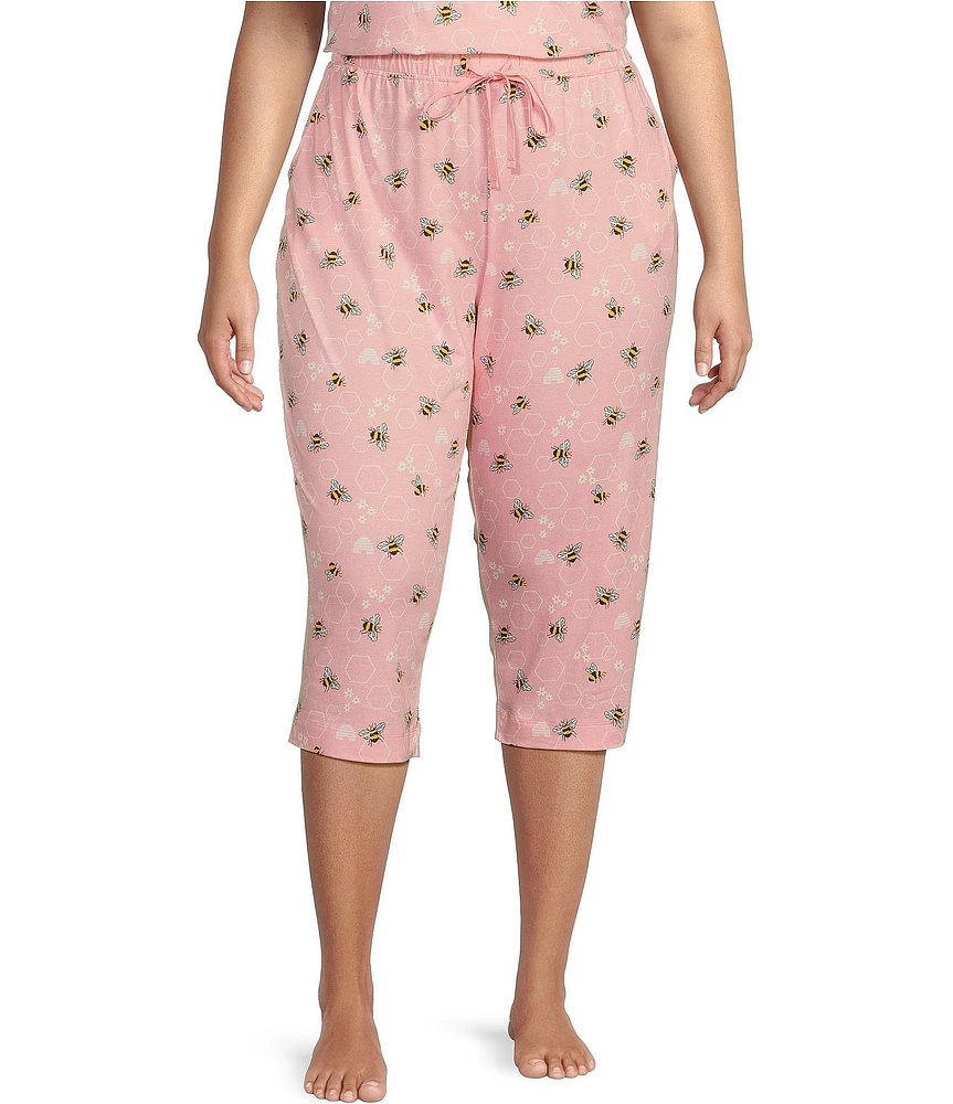 Sleep Sense Plus Size Knit Bees & Honey Drawstring Tie Coordinating Capri Sleep Pants