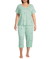 Sleep Sense Plus Size Knit Floral Sheep Print Drawstring Tie Coordinating Sleep Capri