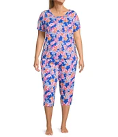 Sleep Sense Plus Size Knit Happy Floral Print Drawstring Tie Coordinating Sleep Capri Pants