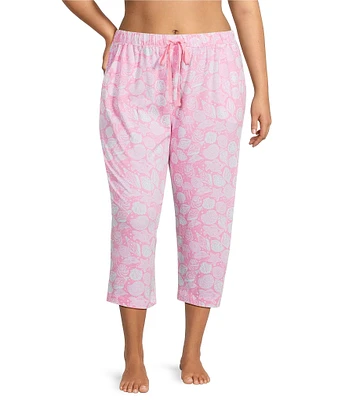 Sleep Sense Plus Size Knit Summer Shell Print Drawstring Tie Coordinating Sleep Capri Pants
