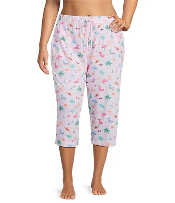Sleep Sense Plus Size Knit Tossed Vacay Print Drawstring Tie Coordinating Sleep Capri Pants