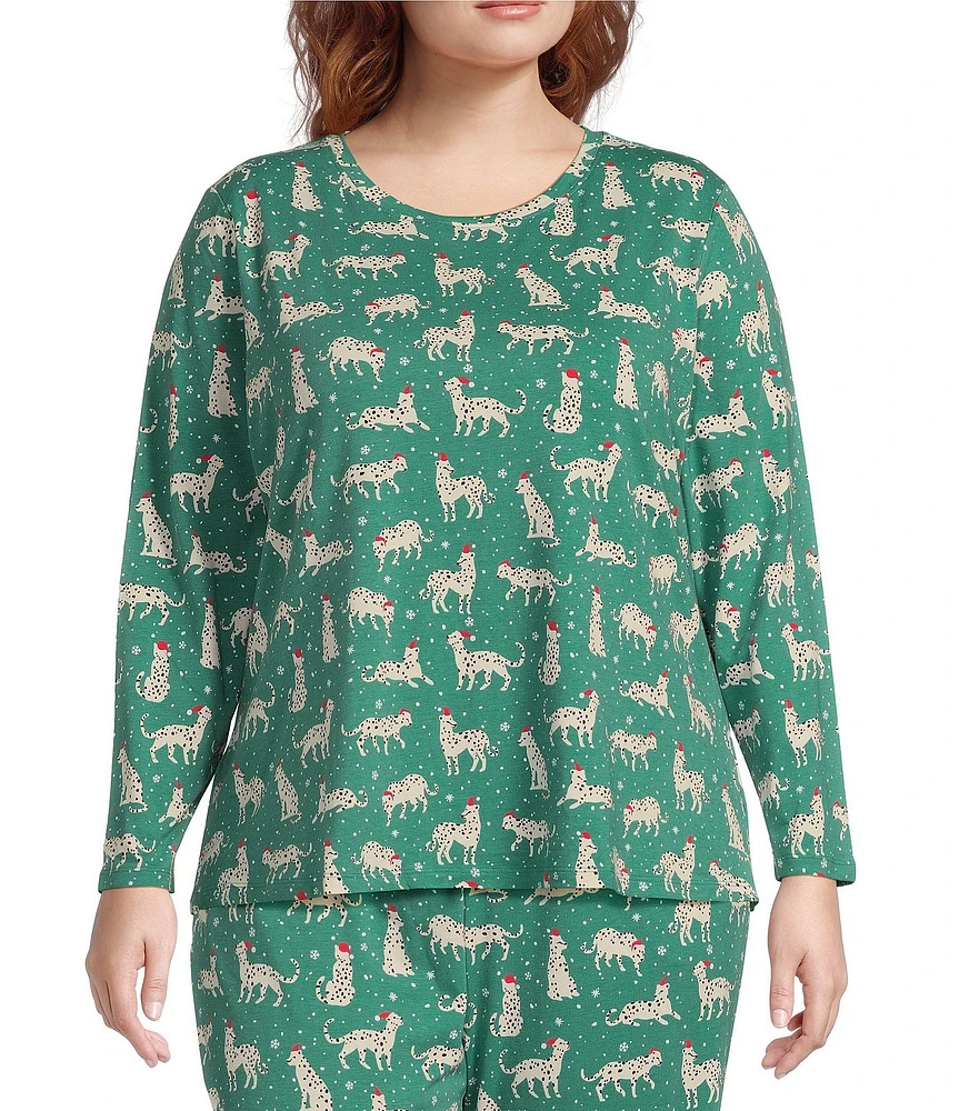 Sleep Sense Plus Size Long Sleeve Crew Neck Knit Cheetah Print Coordinating Holiday Sleep Top