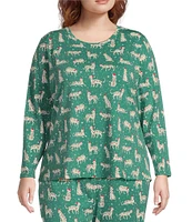 Sleep Sense Plus Size Long Sleeve Crew Neck Knit Cheetah Print Coordinating Holiday Sleep Top