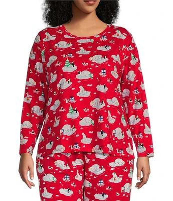 Sleep Sense Plus Size Polar Bear Print Knit Long Sleeve Crew Neck Coordinating Holiday Sleep Top