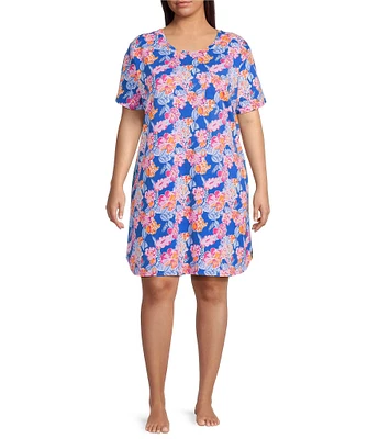 Sleep Sense Plus Size Short Sleeve Crew Neck Happy Floral Print Knit Nightgown
