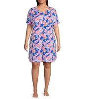 Sleep Sense Plus Size Short Sleeve Crew Neck Happy Floral Print Knit Nightgown