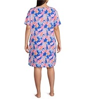 Sleep Sense Plus Size Short Sleeve Crew Neck Happy Floral Print Knit Nightgown