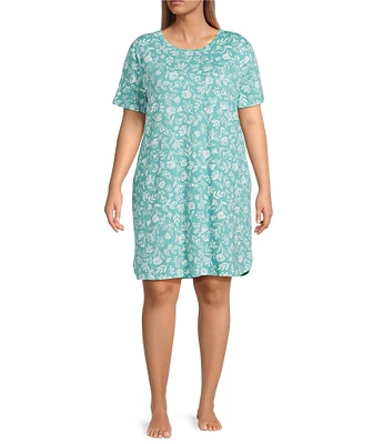 Sleep Sense Plus Size Short Sleeve Crew Neck Sketch Floral Print Knit Nightgown